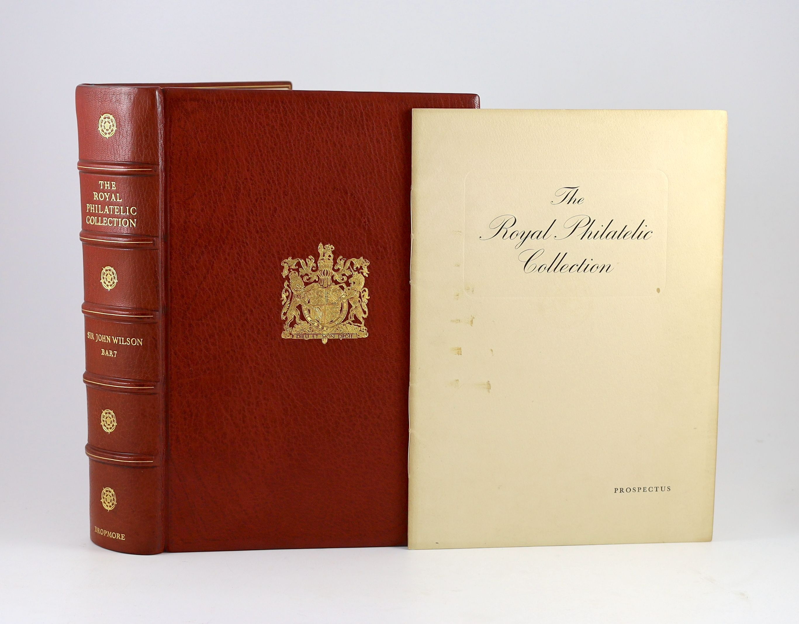 Wilson, Sir John - The Royal Philatelic Collection, with frontis portrait of King George VI, folio, crushed red morocco, with gilt Royal Coat of Arms, with 60 plates of which 12 are in colour, Viscount Kemsley at the Dro